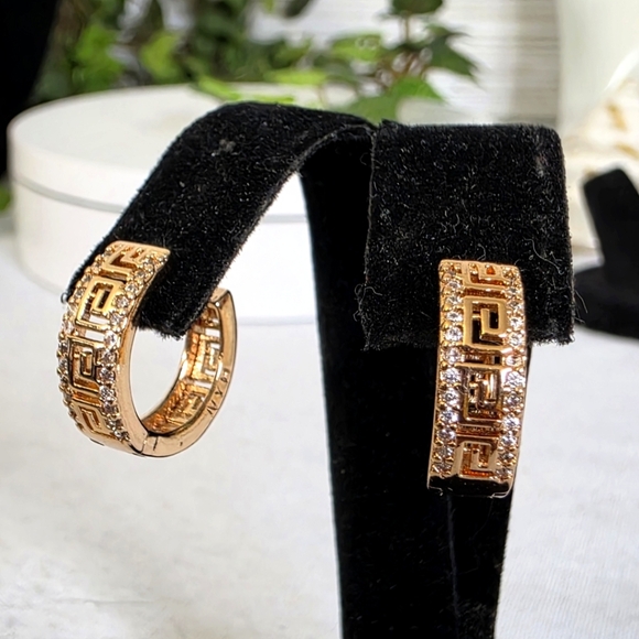 Gold Huggie Hoop Earrings Greek Key Design - Picture 4 of 7